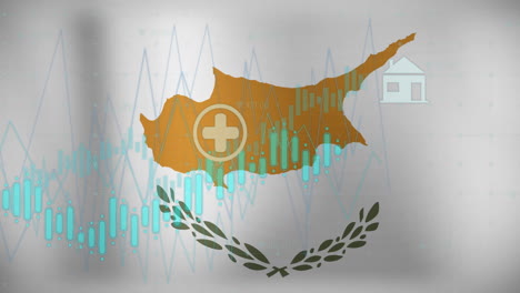 animation of graphs, data and energy icons over flag of cyprus