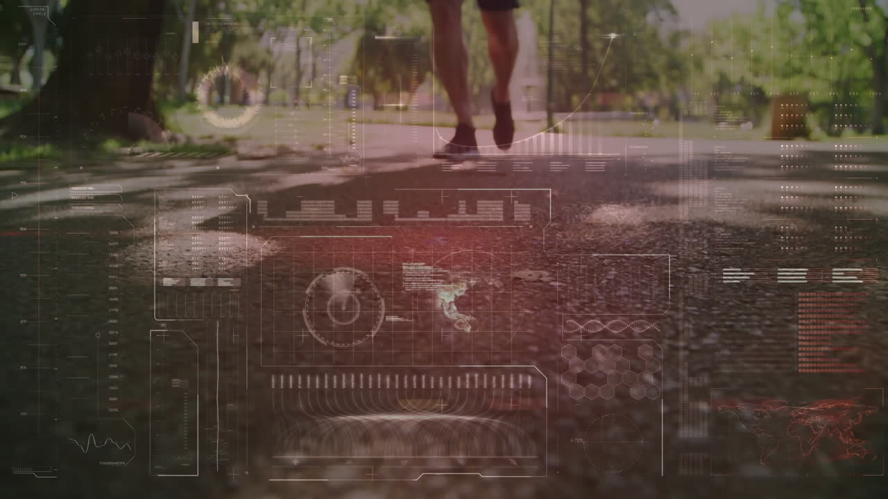 Senior runner lower legs moving on sunlit park path, displaying fitness tech HUD charts and graphs