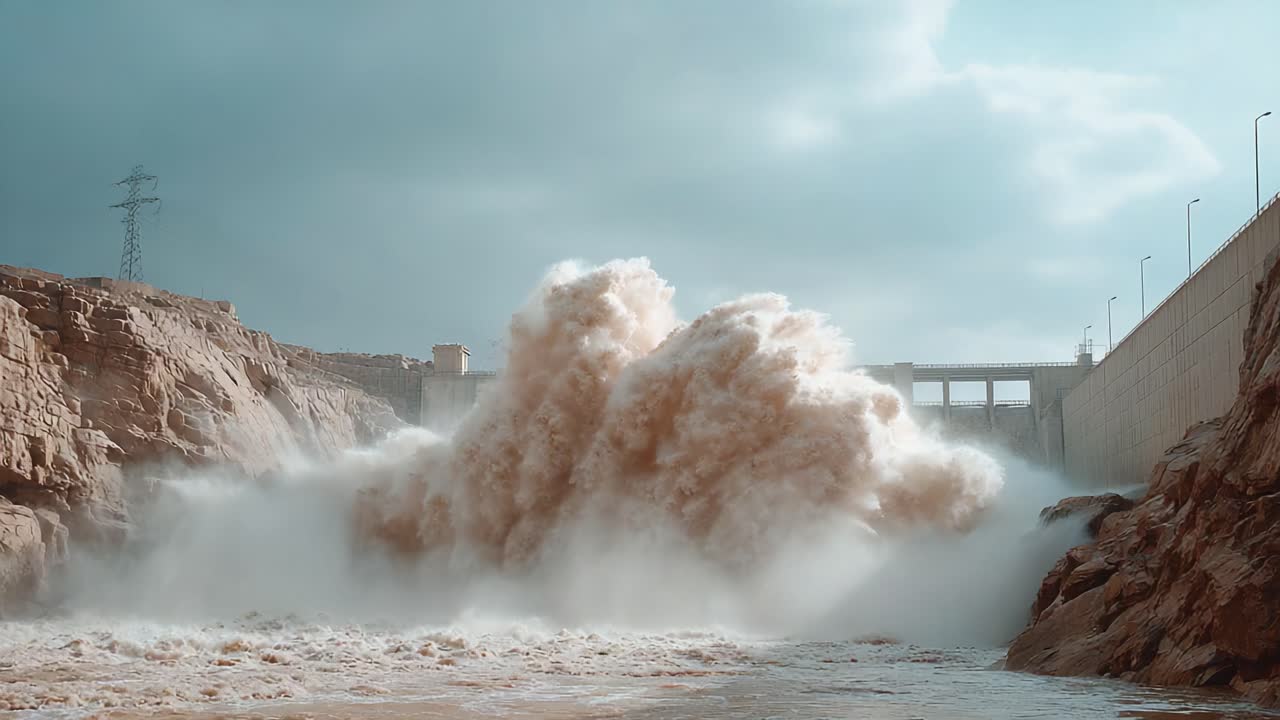 Powerful Water Surge at Dam: Captivating Splashes and Flowing Surge Representing Nature's Force and Engineering Mastery in a Serene Landscape