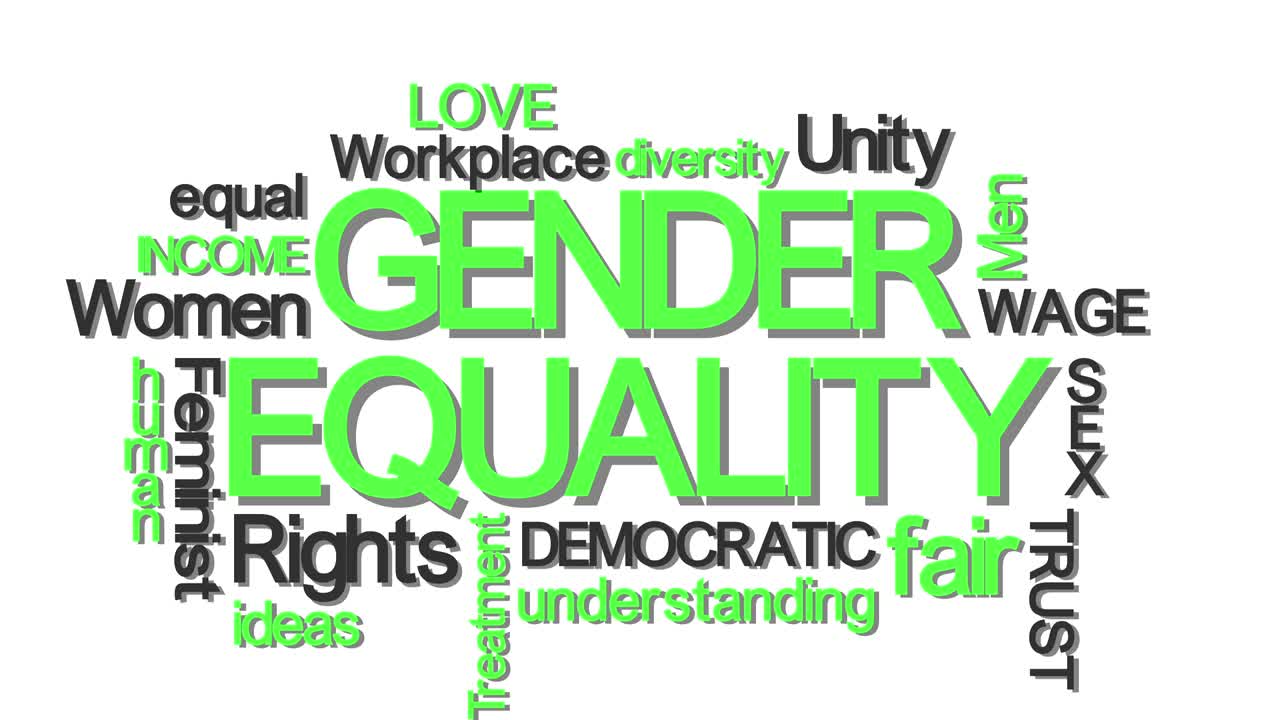 Gender equality typography word cloud with relevant buzzwords green