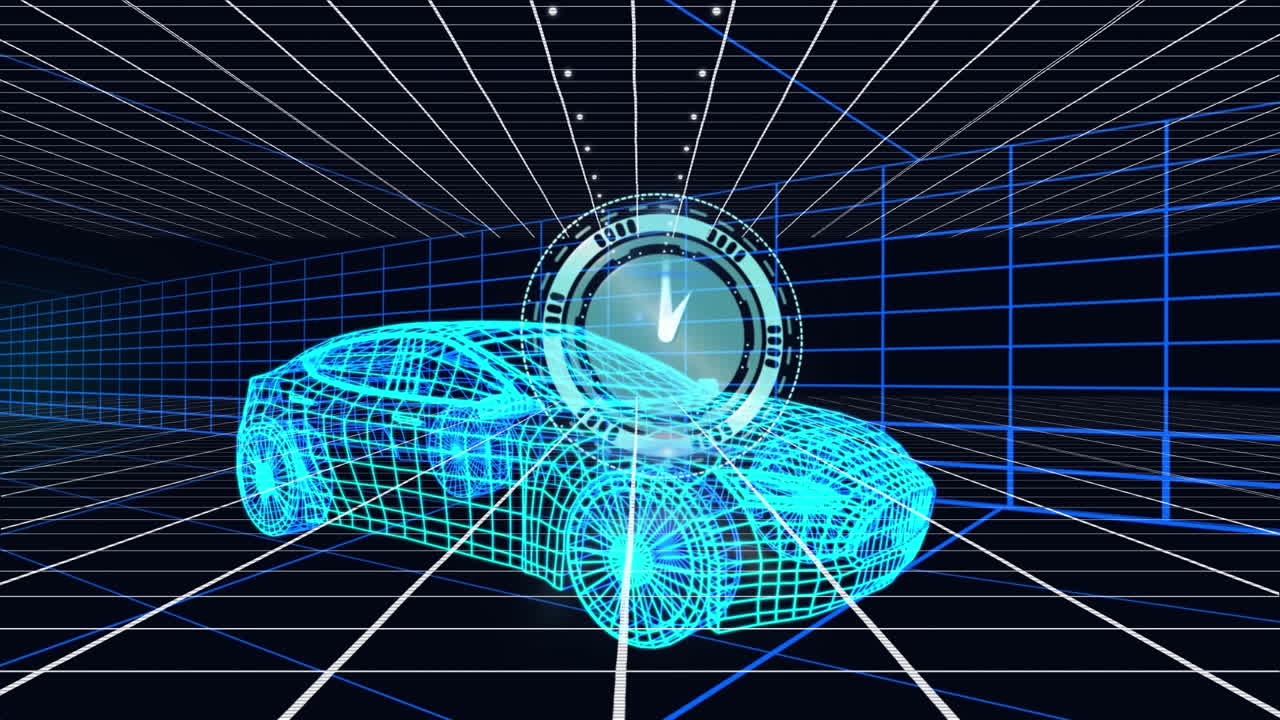 자동차와 그리드의 3d 드로잉 모델에 대한 시계 애니메이션