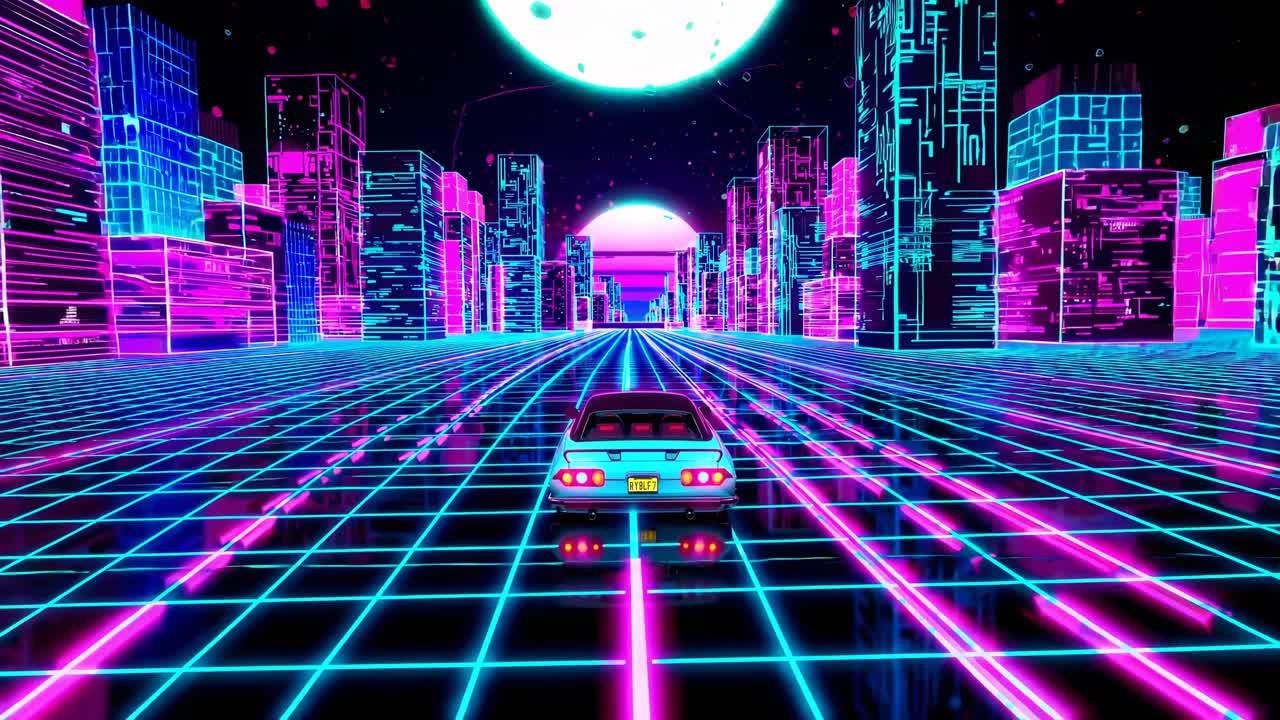 Paisaje urbano retro-futurista con rejillas de neón y rascacielos. Vista en ángulo bajo de un coche de carreras