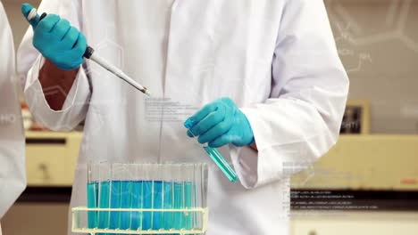 animación del procesamiento de datos científicos sobre un científico masculino en el laboratorio