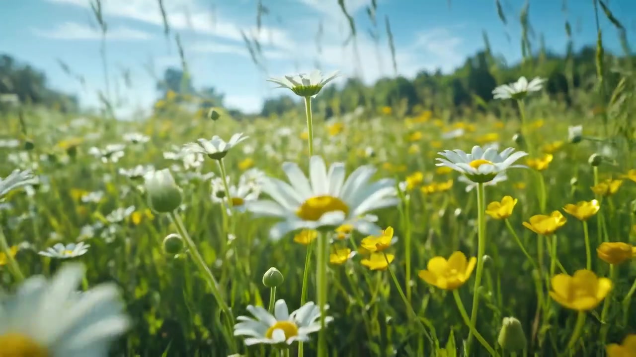 Serene Summer Meadow with Wildflowers Swaying in the Breeze