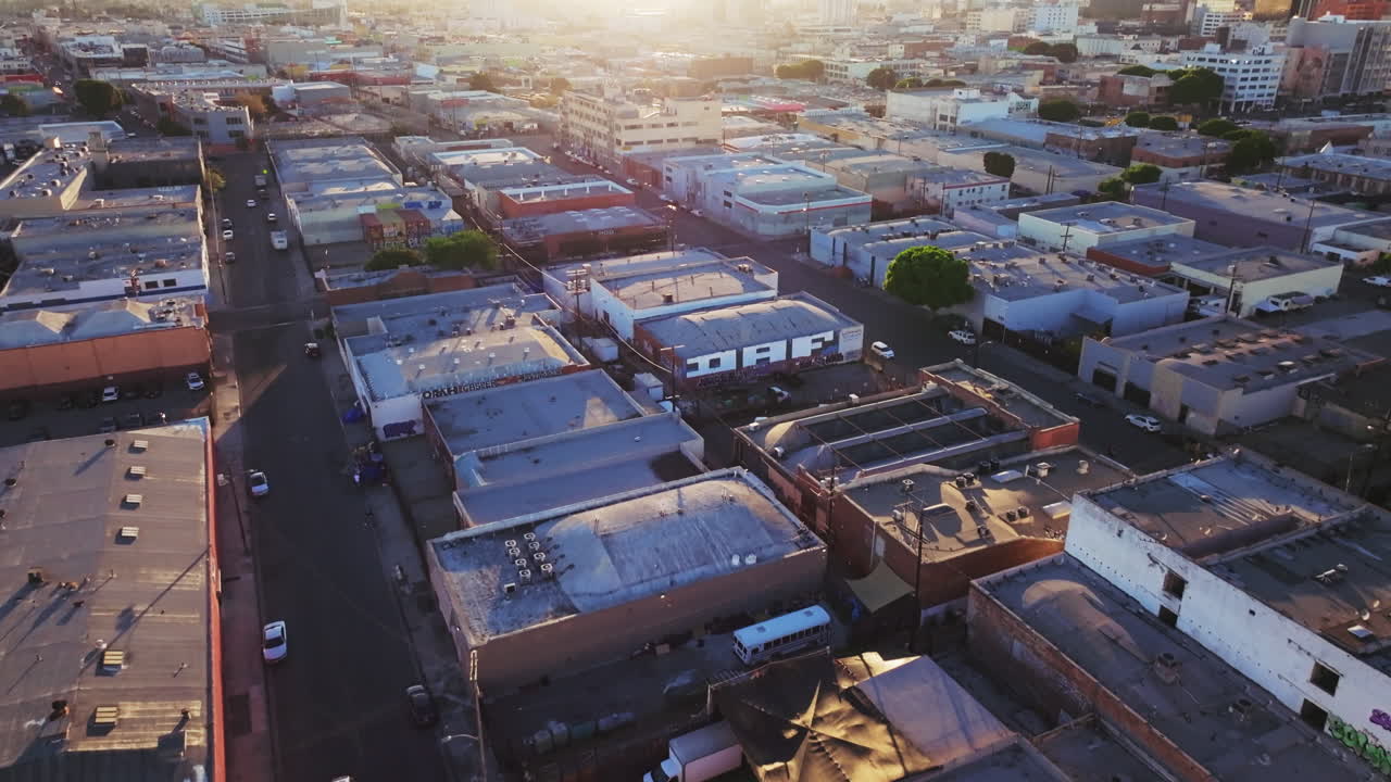 Aerial View of Urban Street Homeless Encampment with Tents and Vehicles