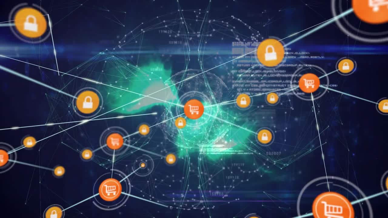 Animazione di una rete di icone digitali su un globo con una rete di connessioni su sfondo blu