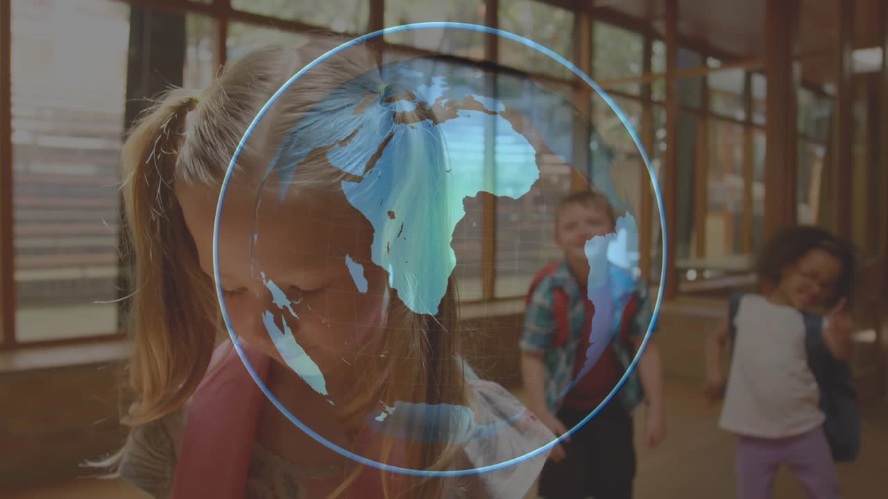 Hologram globe spinning girl adjusting pink backpack as classmates converging in corridor to class