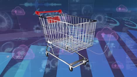 animation of statistics and financial data processing over empty shopping trolley