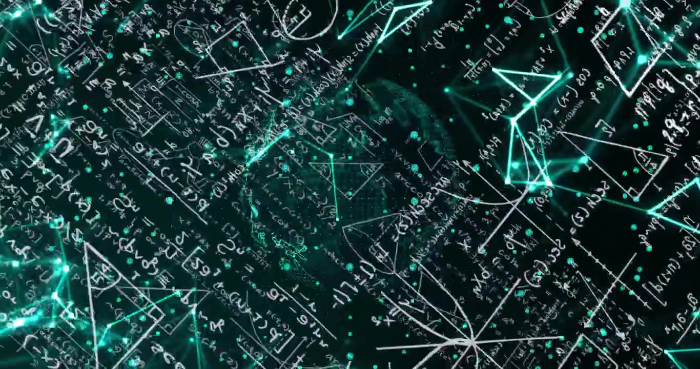 Camera shifting, equations rotating while teal particles forming globe, showing network links