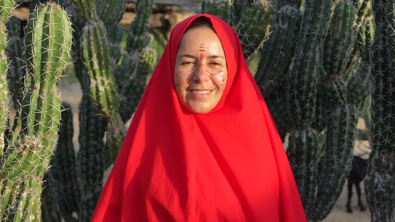 Una mujer Wayuu con un vibrante manto rojo sonríe entre imponentes cactus, su rostro adornado con marcas tradicionales. La cálida luz del sol de la hora dorada realza el rico paisaje desértico, atuendo cultural