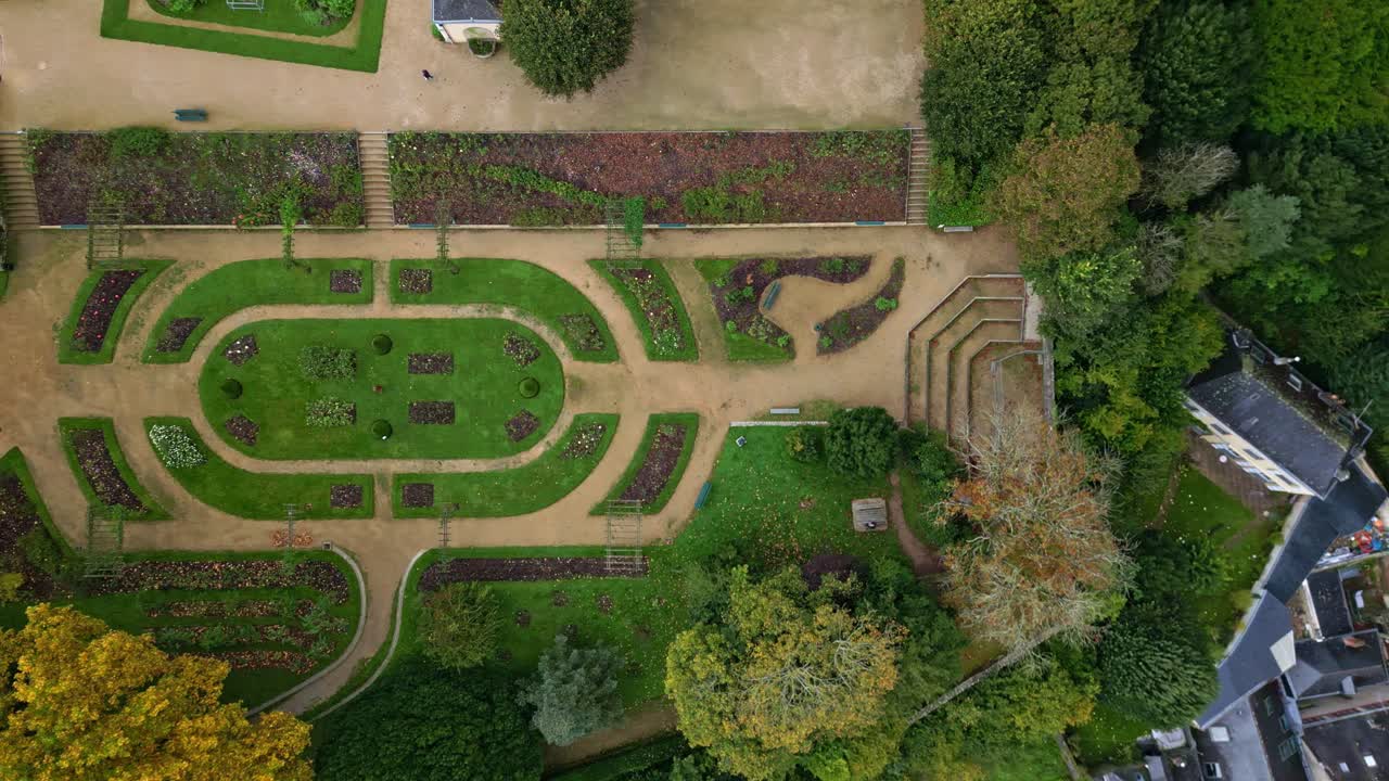 Perrine Garden, Laval in Mayenne. France. Aerial top-down lateral view