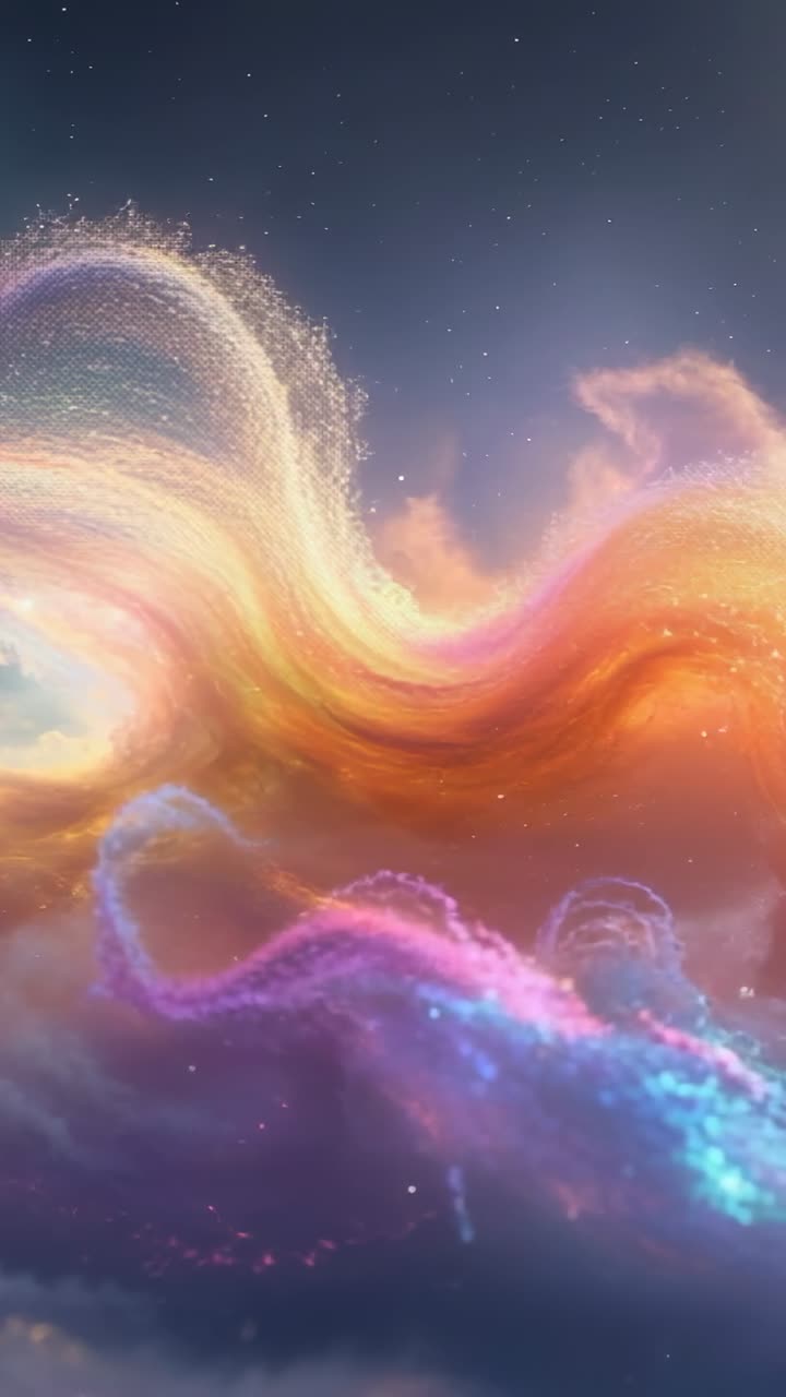 Vertical video: Opening shot nebula wave curling through stars, ribbons weaving around green cloud