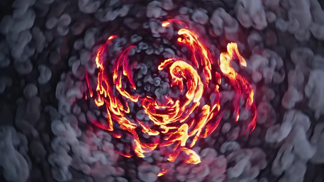 Ripresa video dall'alto di braci incandescenti e fumo turbinante, che creano un'immagine dinamica e astratta.