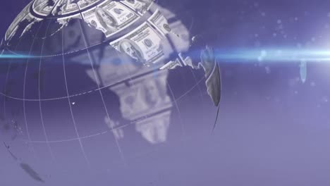 Animation-of-rotating-globe-of-dollar-bills-and-beam-of-light,-over-grey-background