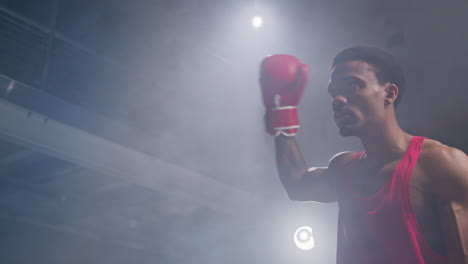 boxeador con guantes entrando en el ring antes del comienzo del partido de boxeo saludando y saludando a los fanáticos