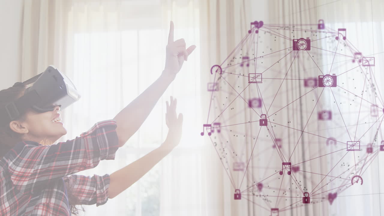 глобус сети соединений против женщины с помощью vr гарнитуры