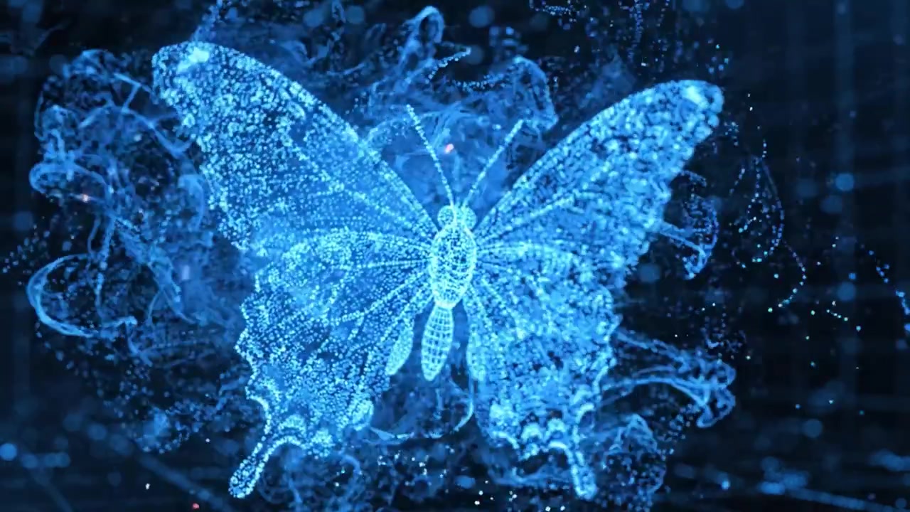 Una splendida farfalla digitale blu: che illustra l'intersezione tra tecnologia e natura attraverso grafiche 3D splendidamente renderizzate in un ambiente futuristico