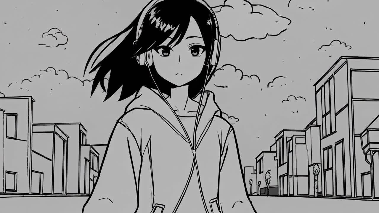 Fotogramma video monocromatico in stile anime di una ragazza con le cuffie che cammina per strada