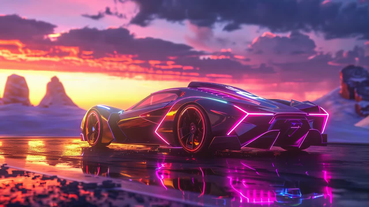 Futuristic Neon Sports Car at Sunset