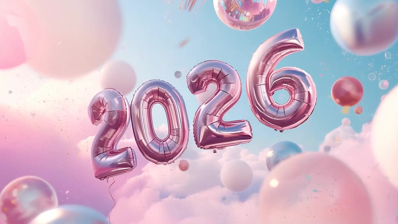 Zoom della telecamera, palloncini metallici 2026 che ondeggiano e ruotano in un cielo pastello, sfere lucide che segnano il nuovo anno.