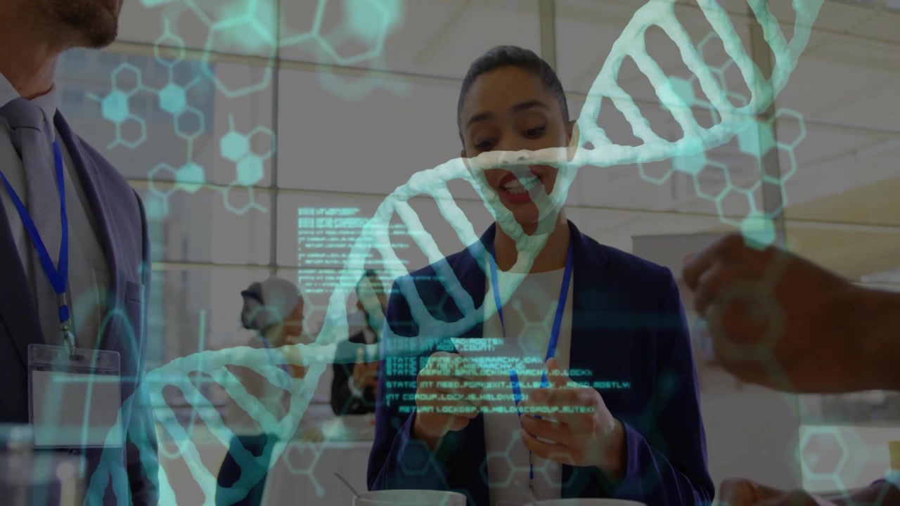 Biotech team extending vial, inspecting sample under shifting AR DNA helix with code lines