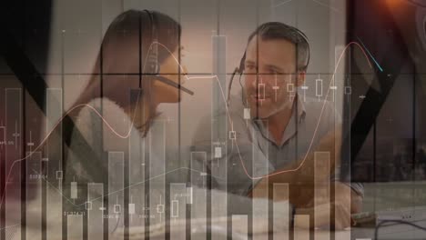 animación de gráfico de barras contra colegas caucásicos con auriculares, discutiendo en una reunión de oficina