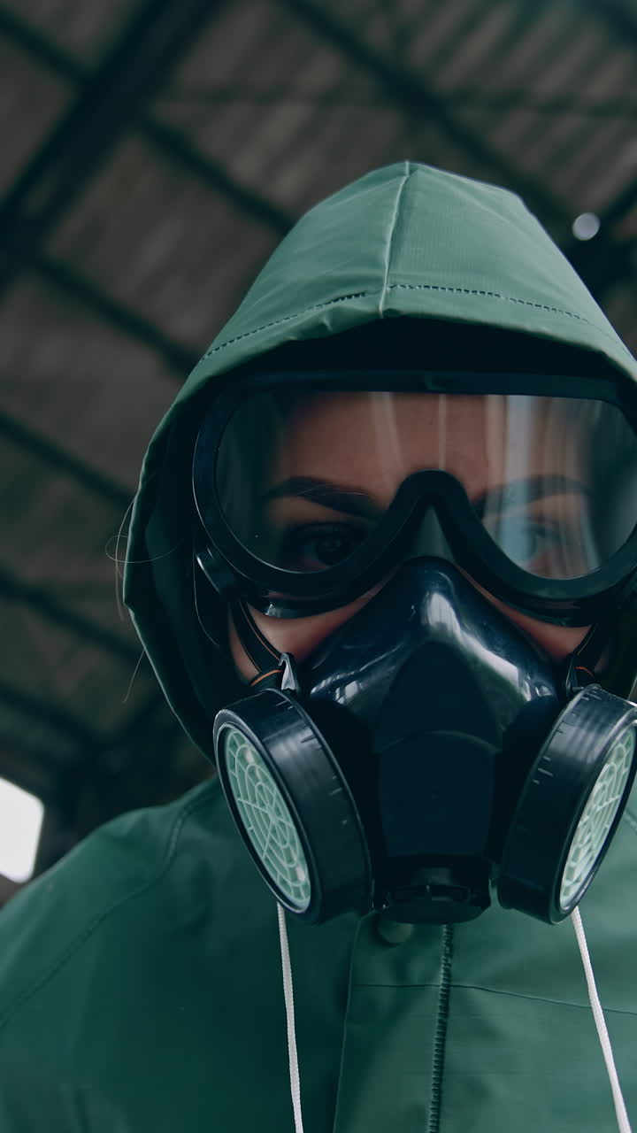 Person in safety chemical suit looks at camera. Portrait of a human in gas mask on ruined building background. View from below. Polluted zone. High level of radiation. Vertical video