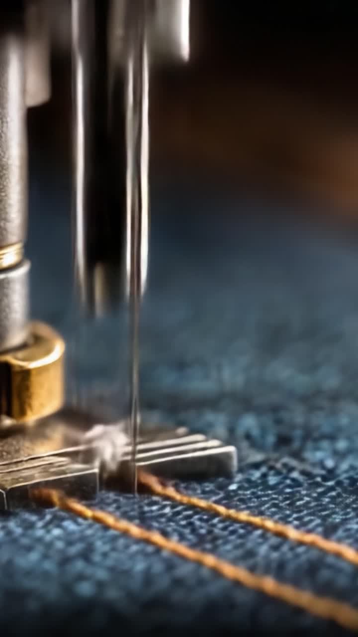 Close-Up Focus on a Sewing Machine Needle in Action, Capturing the Intricate Details of Stitching Denim Fabric and the Precision of Textile Crafting Techniques