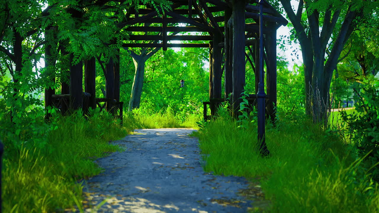Serene pathway through lush greenery in a tranquil park setting