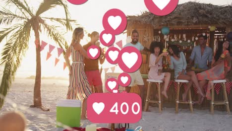 animation of heart icons and numbers over friends having party in beach bar