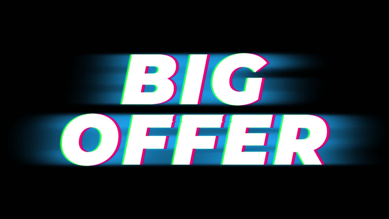 Big offer text glitch effect promotion advertisement loop background price tag sale discounts deals
