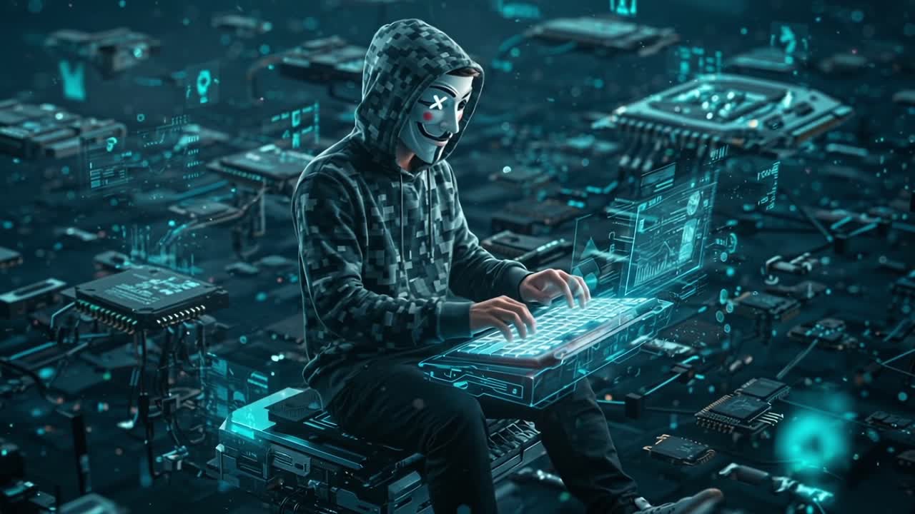 A shadowy figure is actively involved in hacking while surrounded by a vast digital landscape teeming with intricate circuits and advanced technology