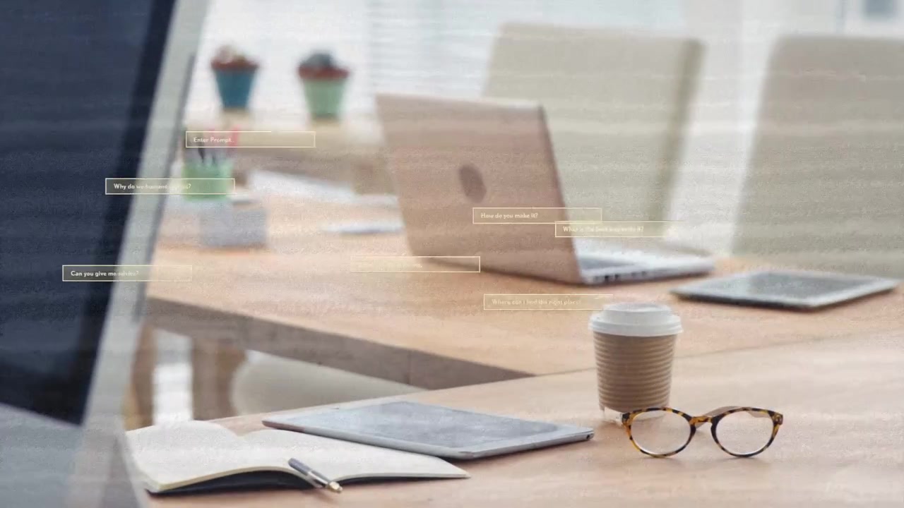 View shifting camera panning right, HUD boxes fading, paper cup and glasses focusing, showing desk