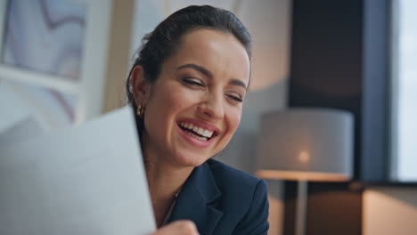 woman executive communicating web conference in office closeup. joyful manager