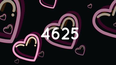 animation of hearts and increasing numbers over black background