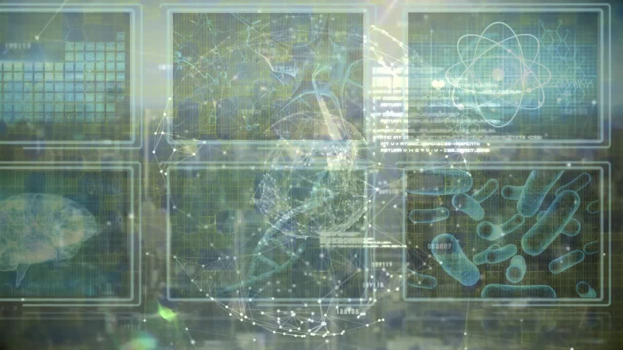 화면에서 데이터 처리를 통해 지구와 연결 네트워크의 애니메이션