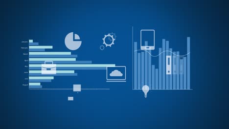 Animation-of-diverse-graphs-and-financial-data-on-blue-background