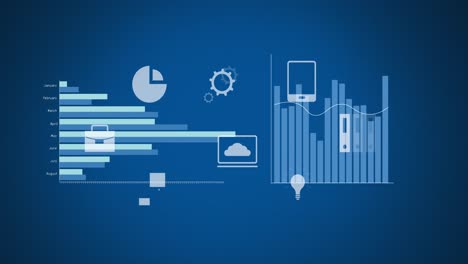 Animation of diverse graphs and financial data on blue background