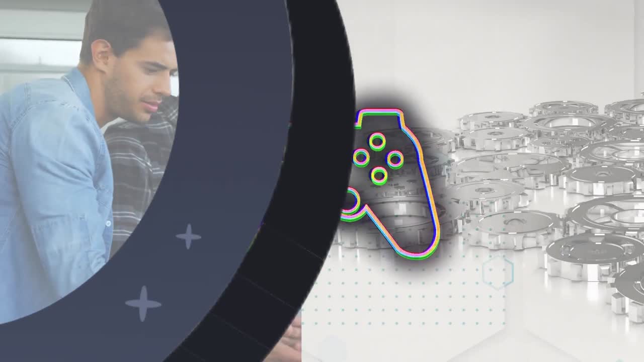 Animation of grey shape and gaming pad over caucasian men