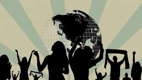 animation of globe and people dancing over stripes