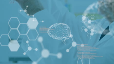 animation of scientific data processing and human brains over caucasian male scientist in laboratory