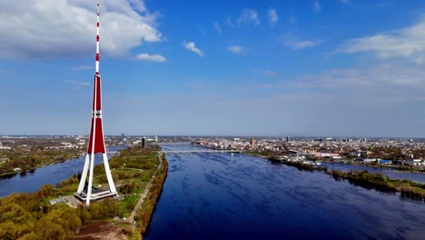 Riga,-Latvia,-Europe---A-Picturesque-Setting-Around-the-Towering-Riga-Radio-and-Television-Tower---Aerial-Drone-Shot