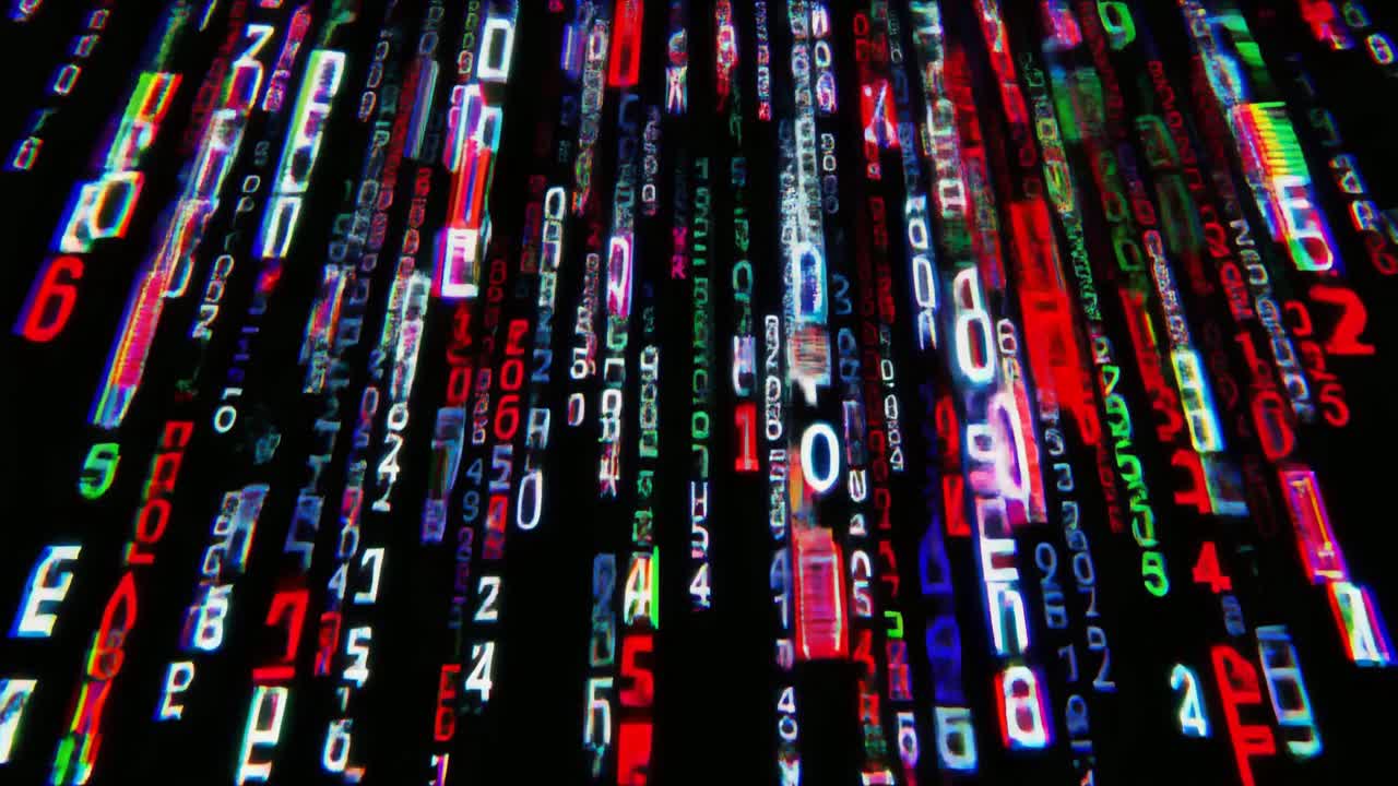 Falling Digital Numbers and Letters with Glitch Effect on Black Background