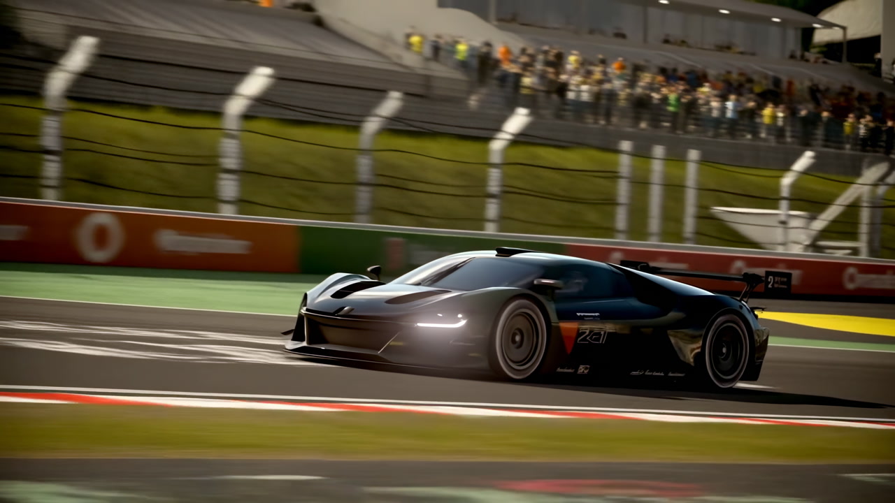 Sleek Race Car Speeding Past Grandstand, Blurred Motion Conveys High Speed On Sunlit Asphalt, Crowd Cheering,