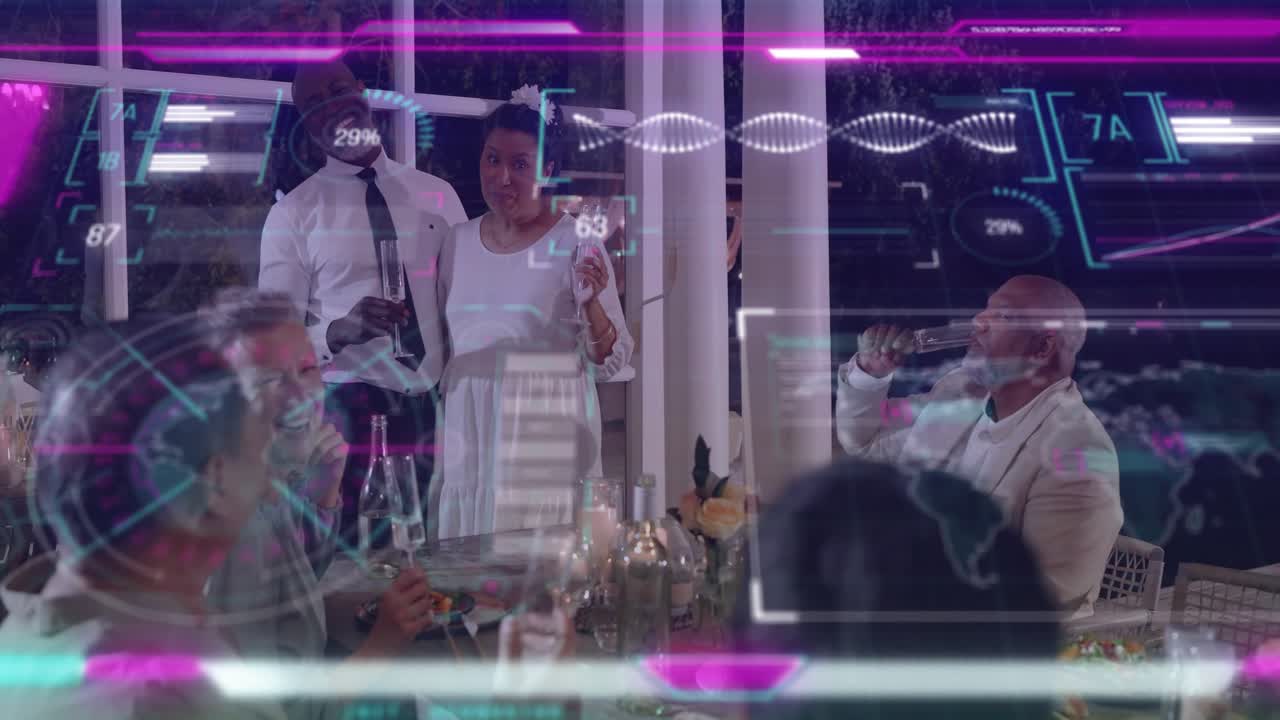 Standing woman speaking, raising glass at table, initiating toast while tech HUD overlaying couple