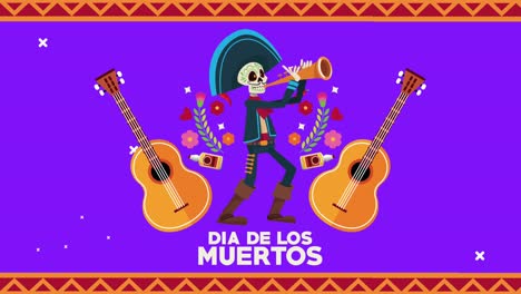 dia de los muertos celebration with mariachi skull playing trumpet and guitars