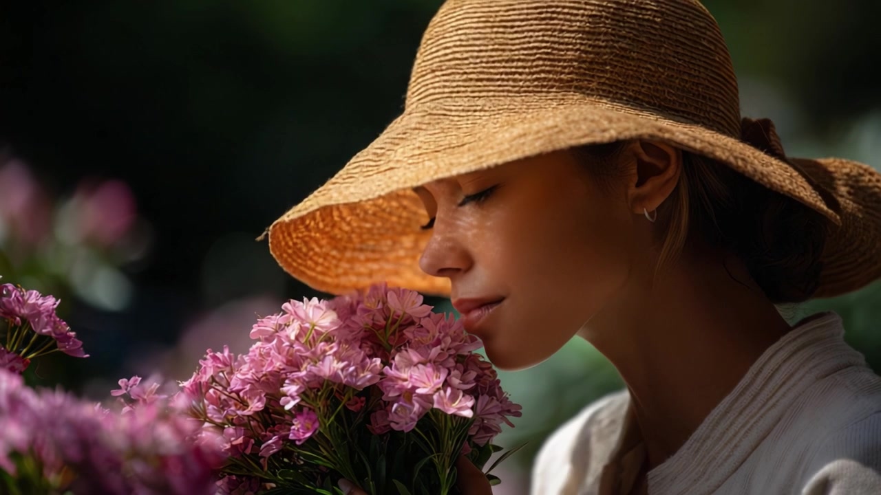 Donna con un cappello di paglia si gode un momento di tranquillità mentre inala delicatamente il profumo di fiori rosa sbocciati in un sereno ambiente da giardino immerso nella natura.