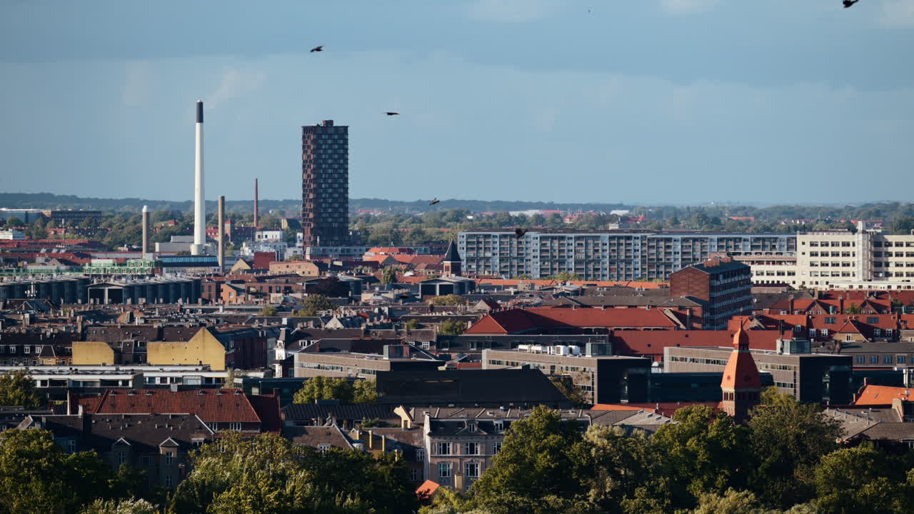 Skyline urbana di Copenaghen che mostra varie architetture e strutture industriali sotto un cielo blu. Danimarca