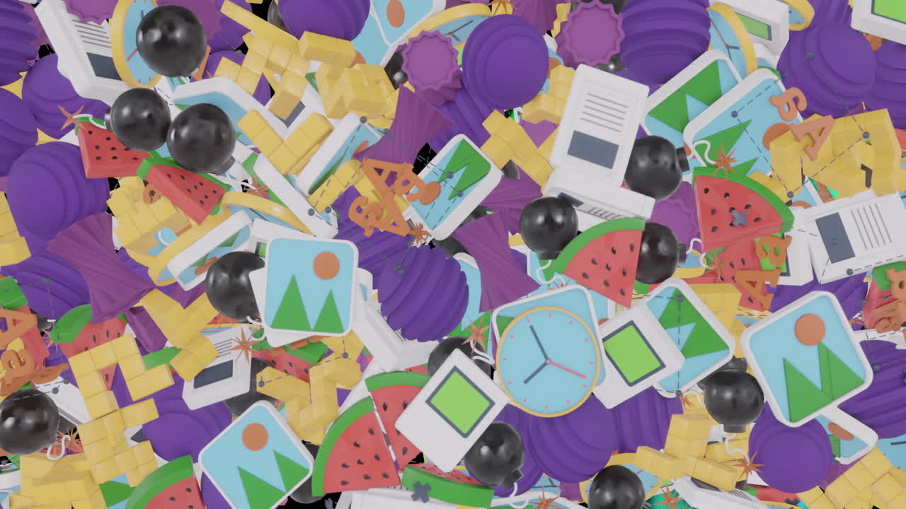 animación de varios iconos de medios 3d que caen y se recogen sobre formas azules y verdes en negro