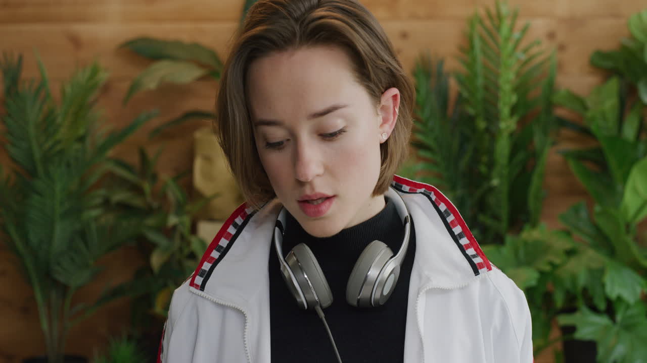 아름다운 젊은 여성의 초상화 인내심이 없고 진지하게 기다리는 머리카락을 통해 달리는 손 스타일리시한 패션 느린 동작을 입고